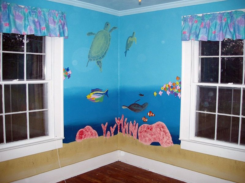 Retro Wall Bedroom Interior With Ocean Designs
