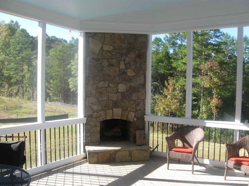 Screen Porch Plans with Wood Burning Stone Fireplace