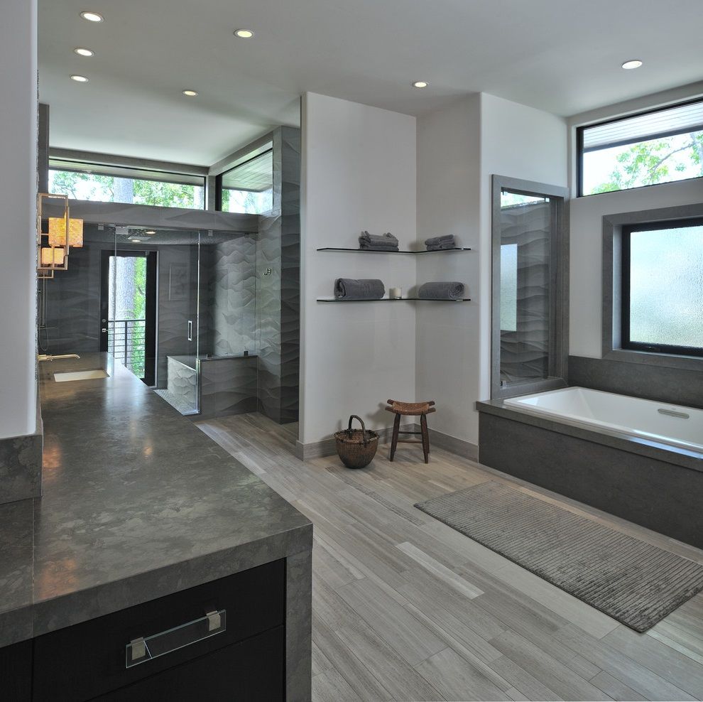 Grey Contemporary Bathroom with a Drop-in Tub and Alcove Shower