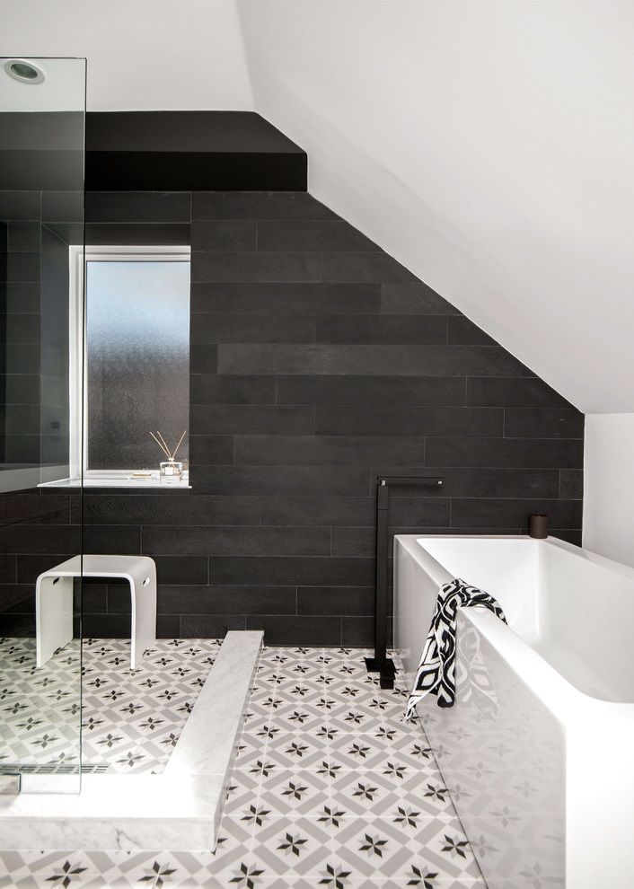 Attic Remodel to Contemporary Black and White Bathroom