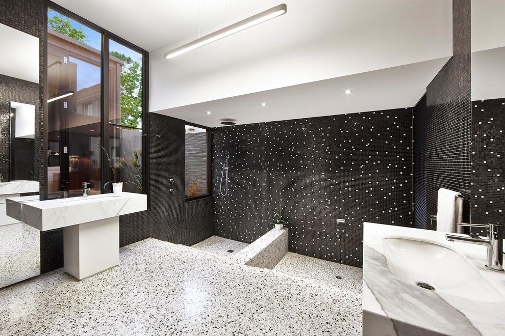 Bathroom Decor in Black-White Theme with Mosaic Tile and Black Walls