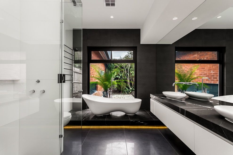 Luxury Black-White Bathroom with Dark Grey Marble Flooring