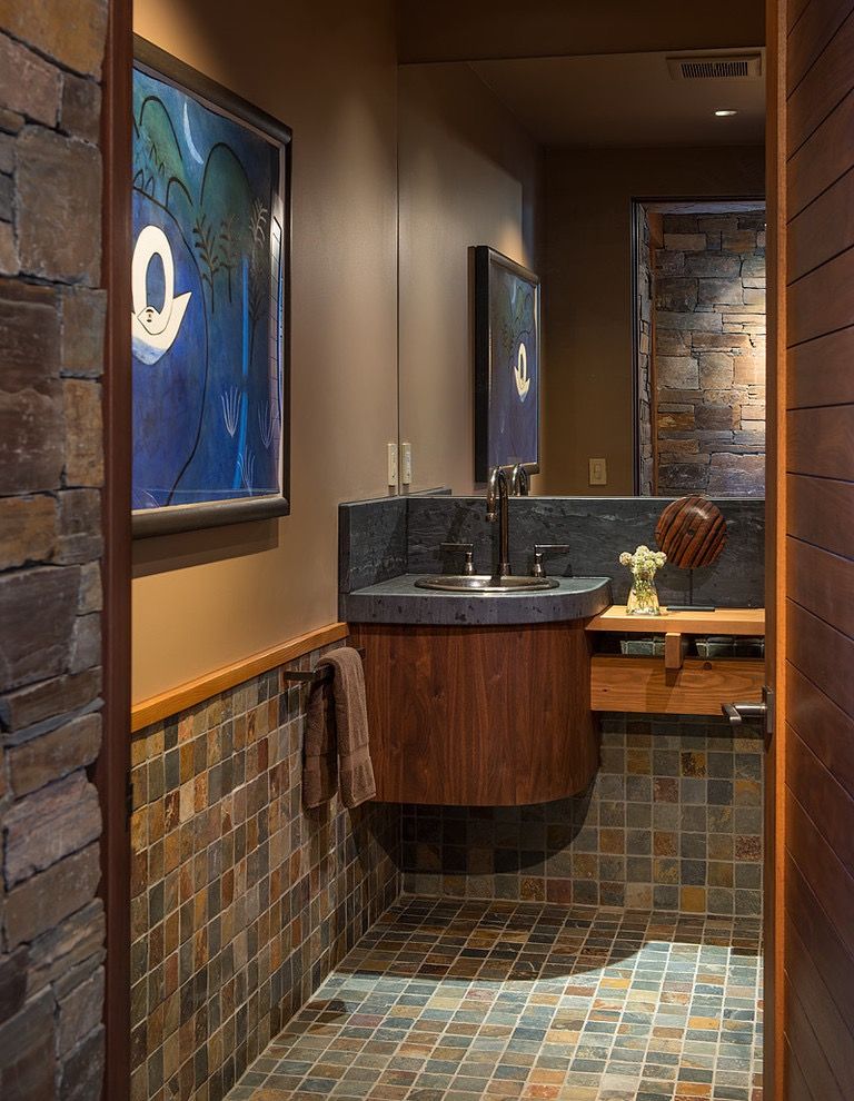 Modern Corner Bathroom Sink with Wooden Pattern