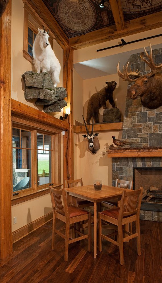 Rustic Family Room with Animal Wall Sculpture