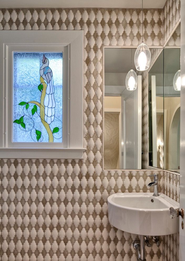 Minimalist Corner Bathroom Sink With Decorative Wall (View 6 of 12)