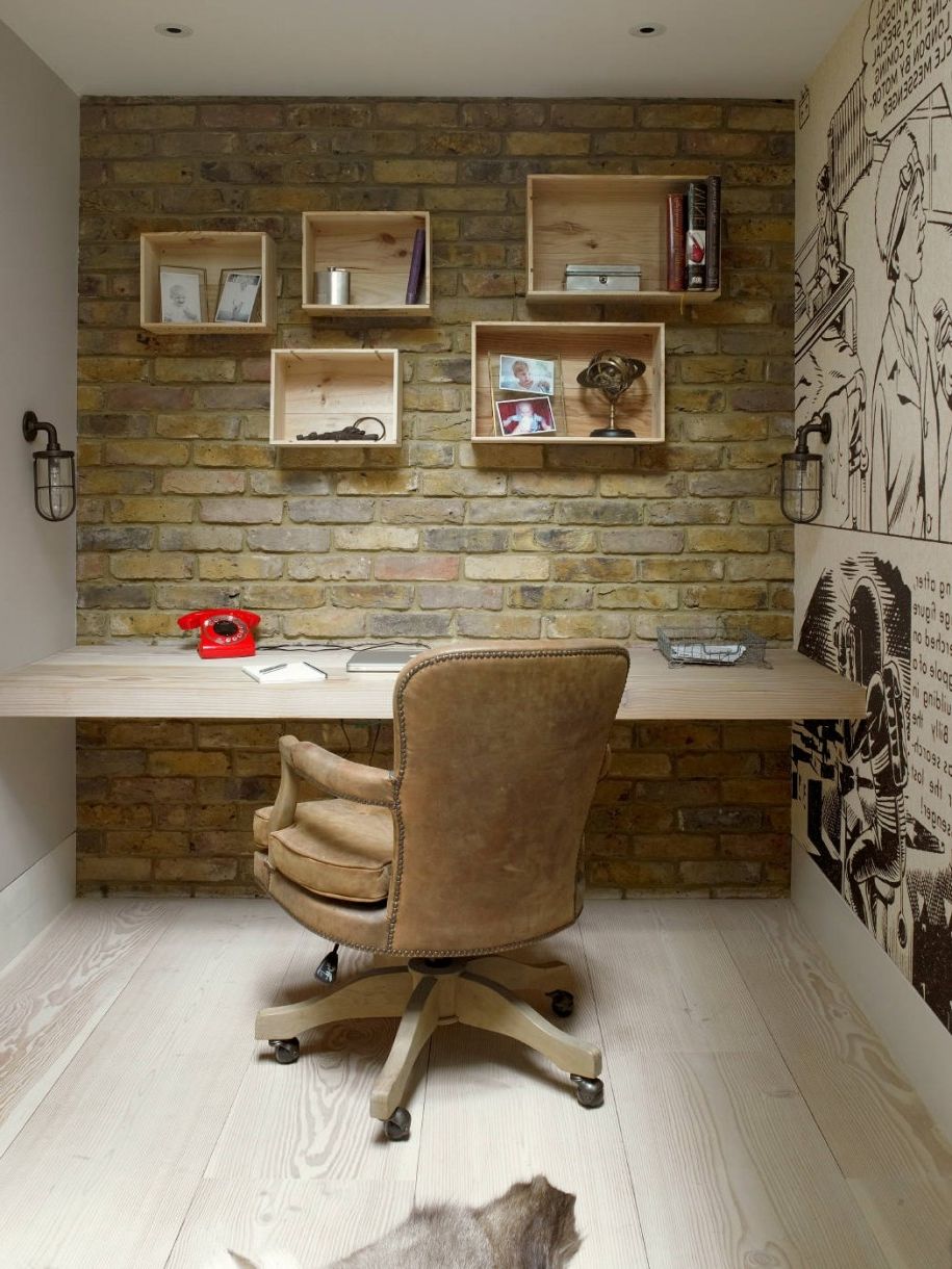 Narrow Home Office With Brown Swivel Chair Plus Cream Stoned Desk Also Brick Accent Wall Background (Photo 2389 of 7825)