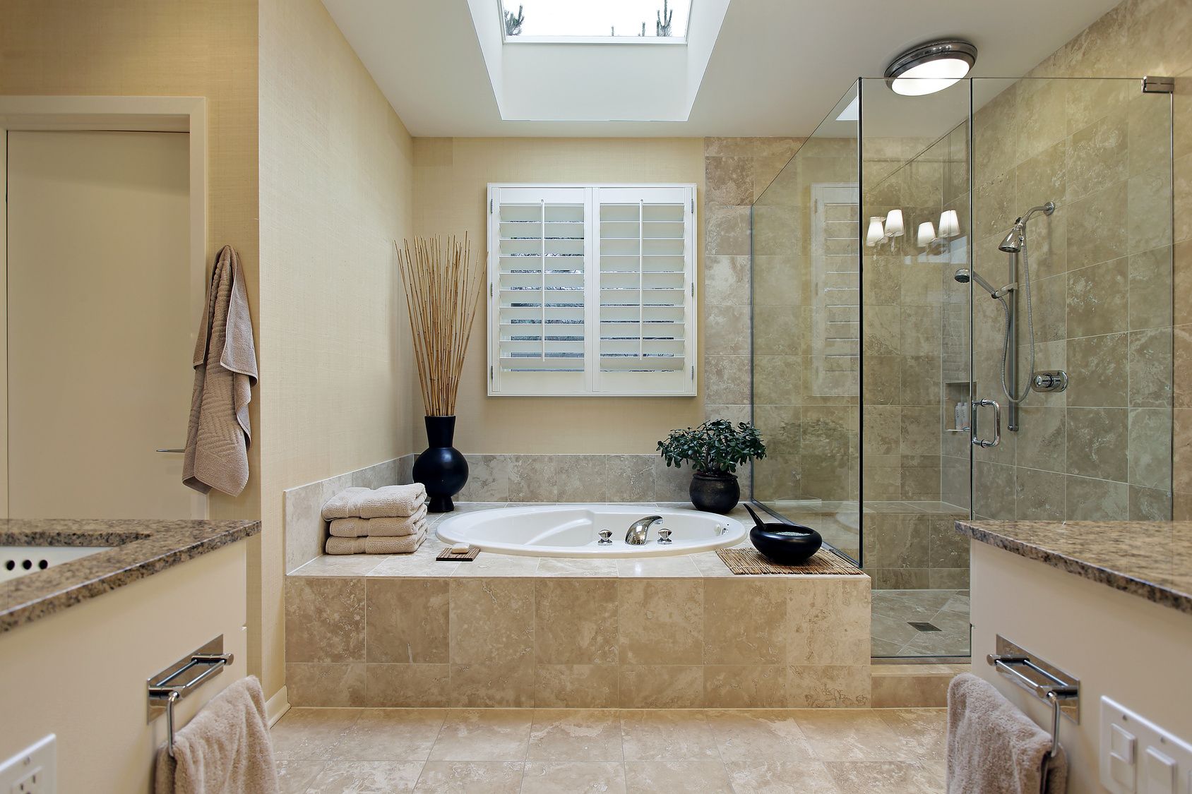 Narrow White Window Blinds Near Round Sunken Tub Paired With Brown Bathroom Tile Remodel Also Corner Glass Shower Room Design (Photo 2396 of 7825)