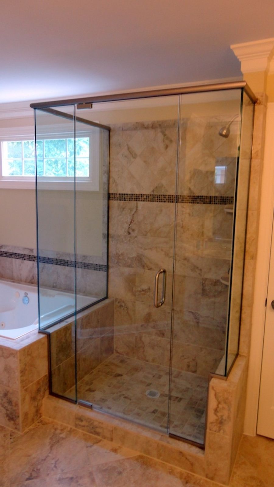 Narrow Window Design Also Contemporary Bathroom Tile Idea Feat Trendy Semi Frameless Shower Enclosure (Photo 2395 of 7825)