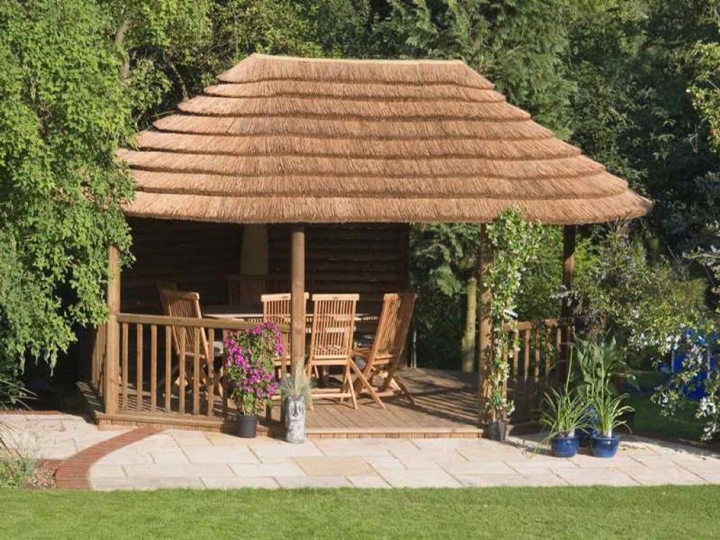 Natural Garden View Background Decorating Idea With Wooden Gazebo Idea Plus Straw Roof Also Stoned Floor Tile (Photo 2407 of 7825)