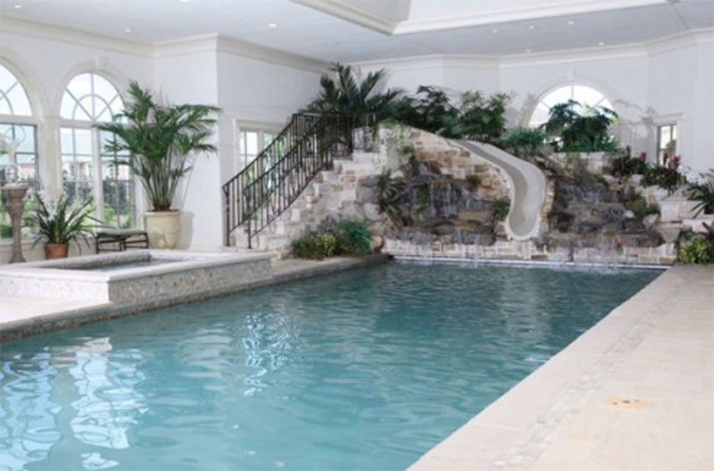 Natural Plants Decorating Idea With Decorative Stoned Wall Plus Slide To The Indoor Pool Design (Photo 2414 of 7825)
