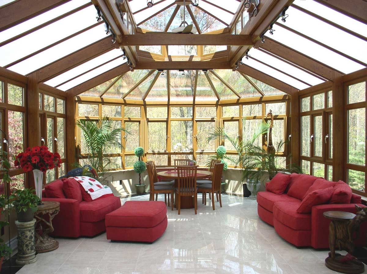 Natural Plants Decorating Idea With Red Wooden Sunroom Furniture Layout Idea Plus White Ceramic Floor Tile Also Glass Ceiling Design (Photo 2418 of 7825)