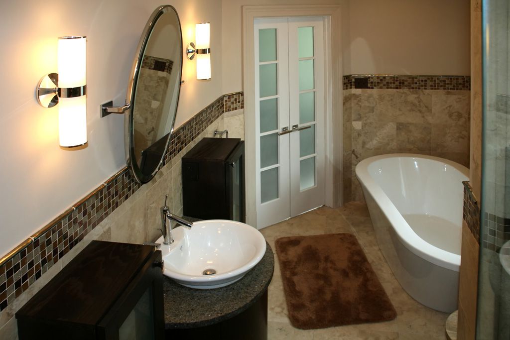 Neutral Bathroom Theme Color With Decorative Brown Tile Accent Also Black And White Close Set Interior Plus Frosted Glass French Doors (Photo 2426 of 7825)