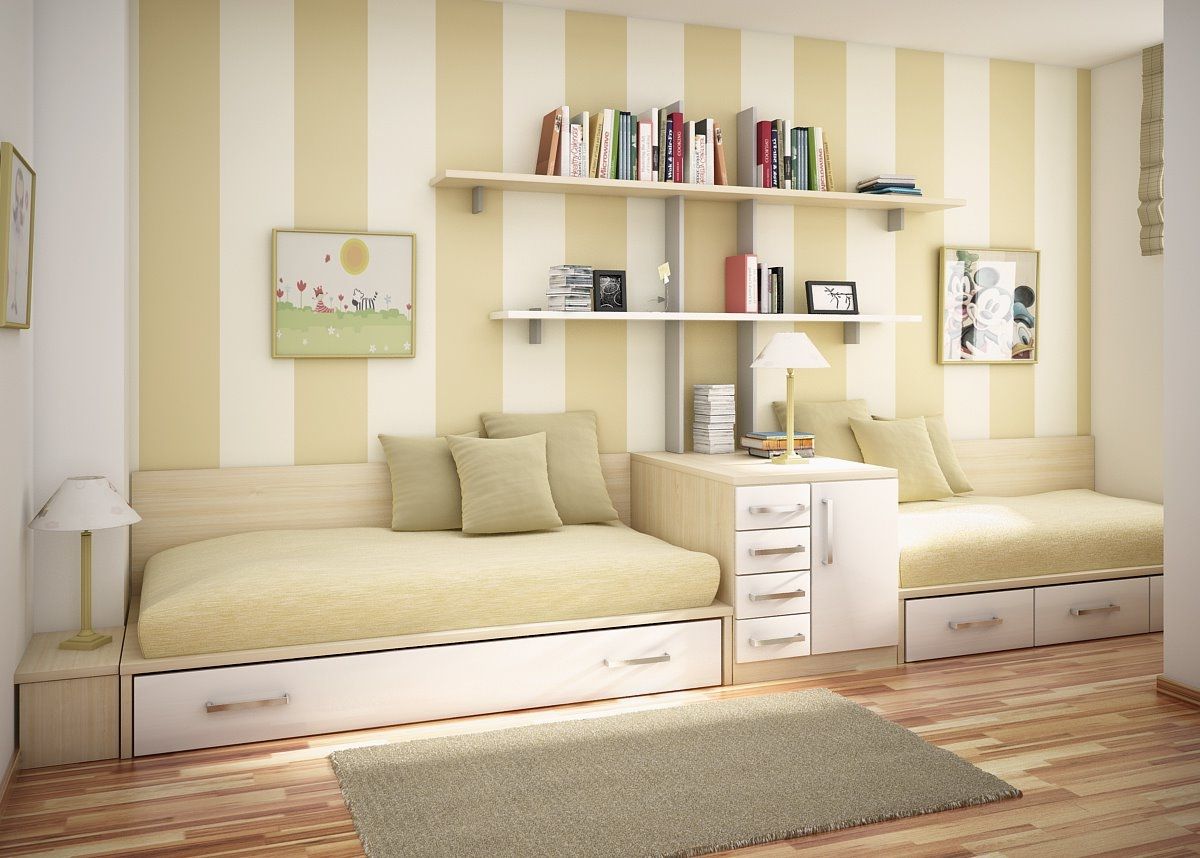 Neutral Cream Kids Room With Striped Wall Paint Accent Plus White Under Bed Storages Also Brown Fur Rug On Laminate Floor (Photo 2438 of 7825)