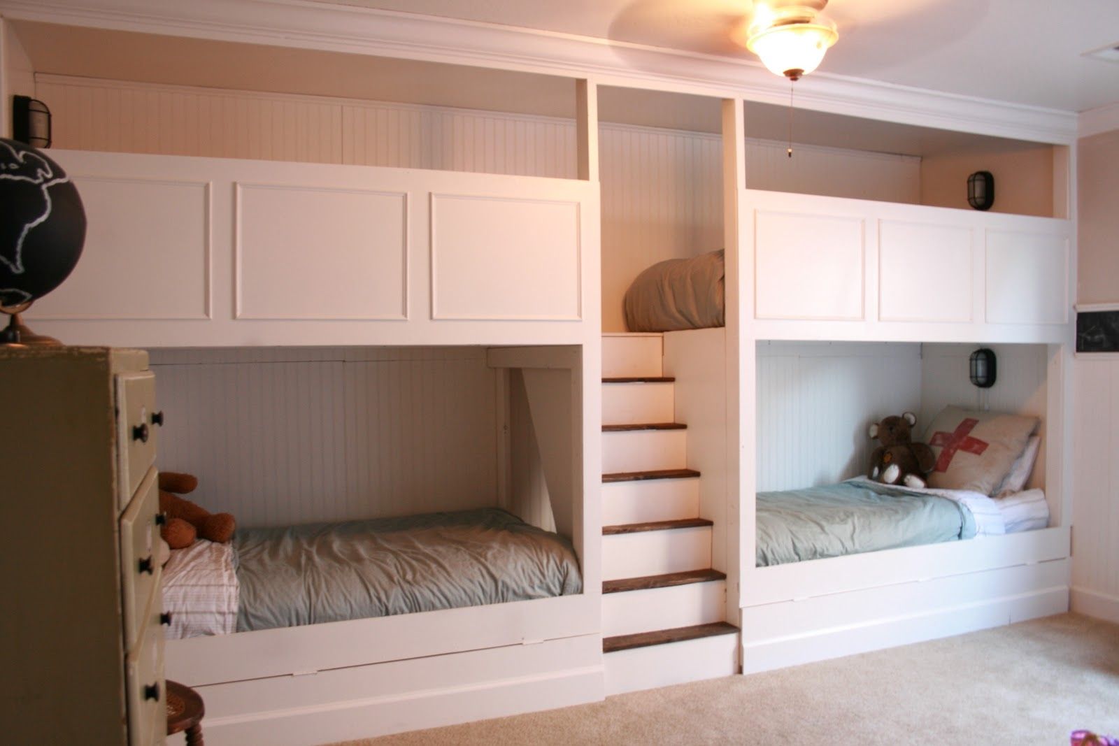 Neutral Cream Wooden Built In Bunk Bed With Brown Blankets Plus Pull Out Storages Also Crystal Pendant Lamp (Photo 2449 of 7825)