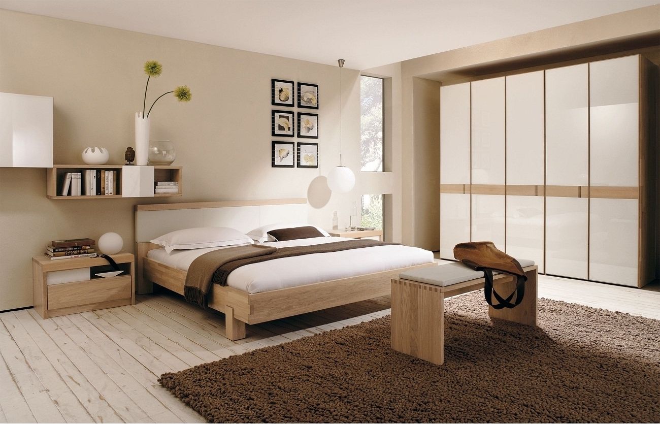 Neutral Soft Brown Bedroom Presents Modern Platform Bed Bedding Set Beside Wooden Bench Next To White Wardrobe Design (Photo 2456 of 7825)