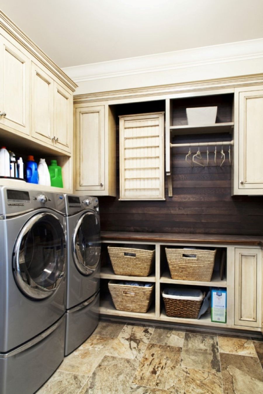 Nice Stoned Floor Tile With White Wooden Laundry Room Storages Design Plus Silver Washing Machines (Photo 2471 of 7825)