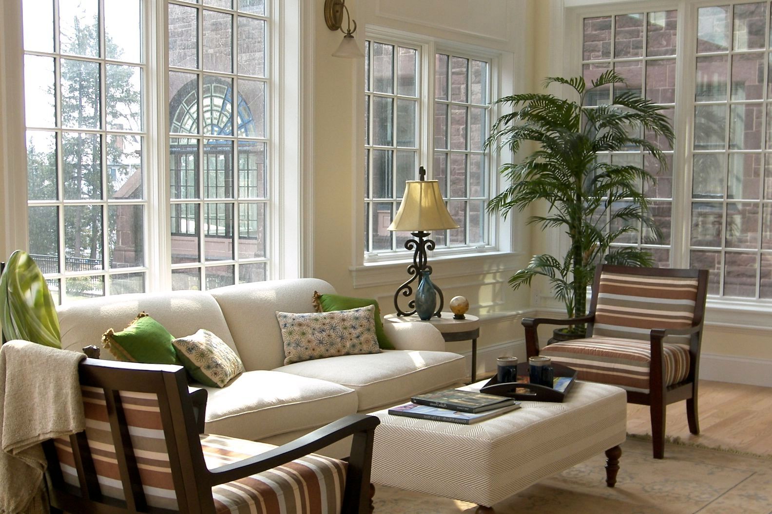 Nice White And Brown Striped Sunroom Furniture Layout Idea With Decorative Table Lamp Also French Windows Design (Photo 2472 of 7825)
