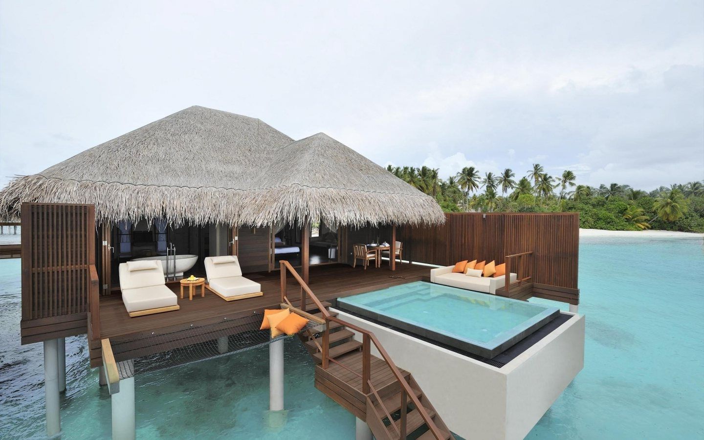 Nice White Exterior Furniture Combined With Natural Straw Roof In Luxury House On Stilt Resort (Photo 2473 of 7825)