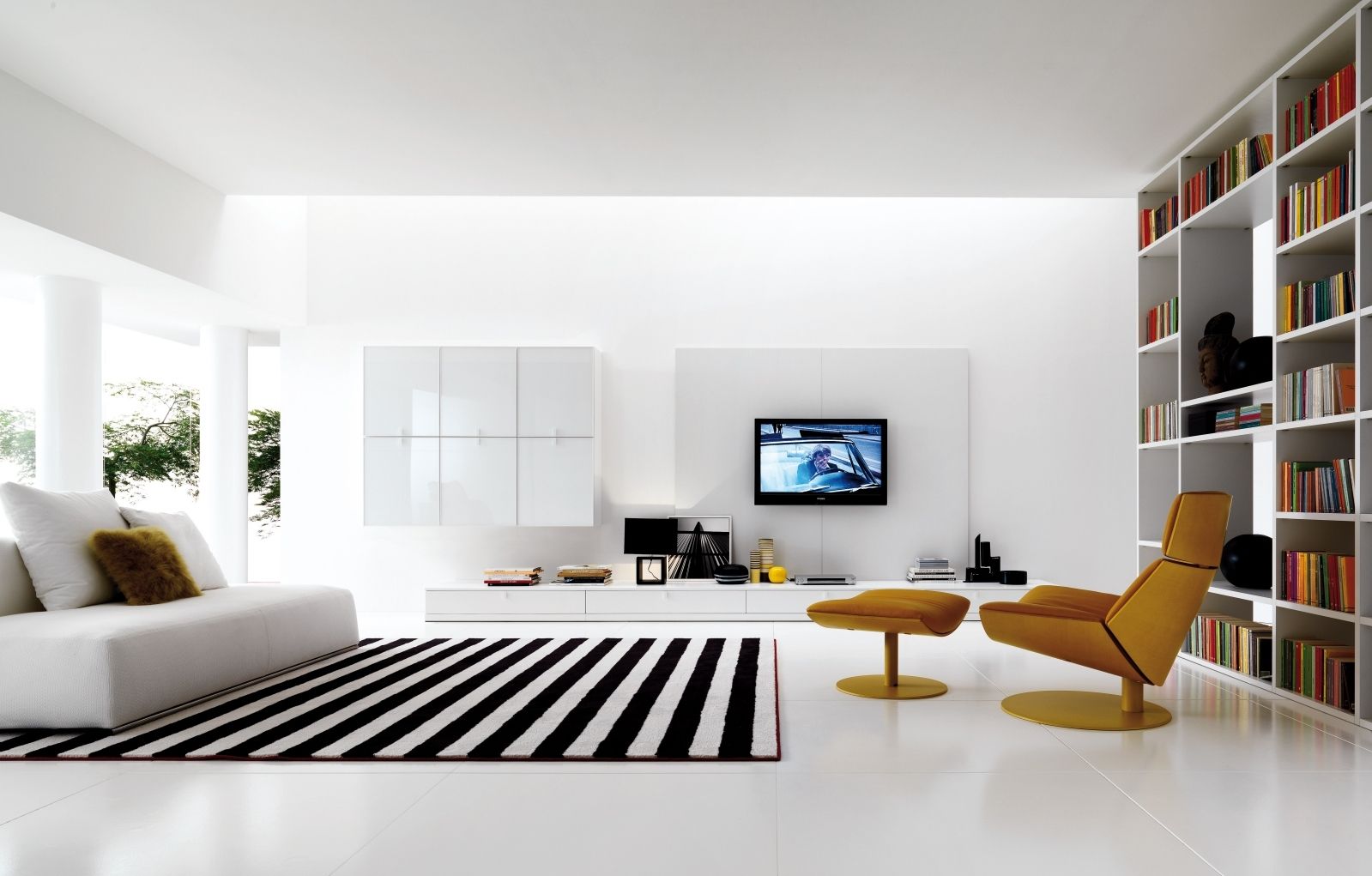 Noticeable Yellow Eames Chair In Black And White Living Room With Bookshelves Divider Plus Stripped Rug (Photo 2481 of 7825)