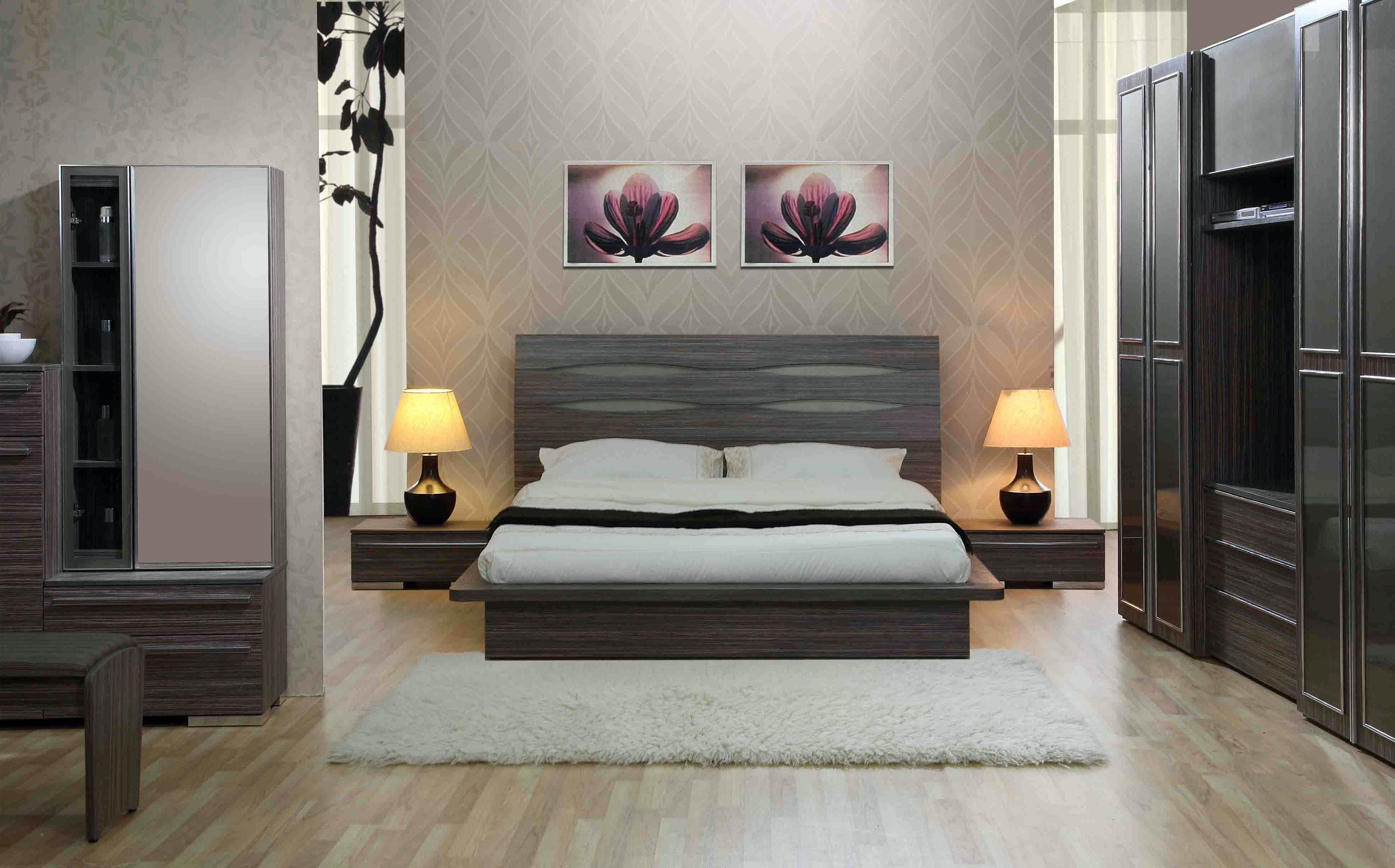 Purple Lotus Photo Wall Decoration Mixed With Vintage Black Wooden Closet And Deluxe Platform Bed (Photo 2647 of 7825)
