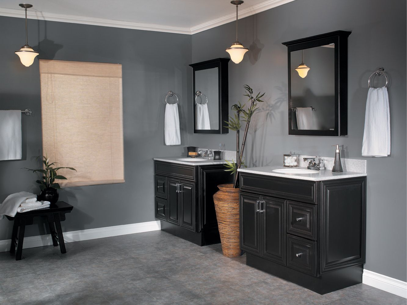 Quirky Pendant Lighting Also Amazing Black Bathroom Vanity Design Plus Cozy Wooden Bench And Gray Wall Idea (Photo 2118 of 7825)