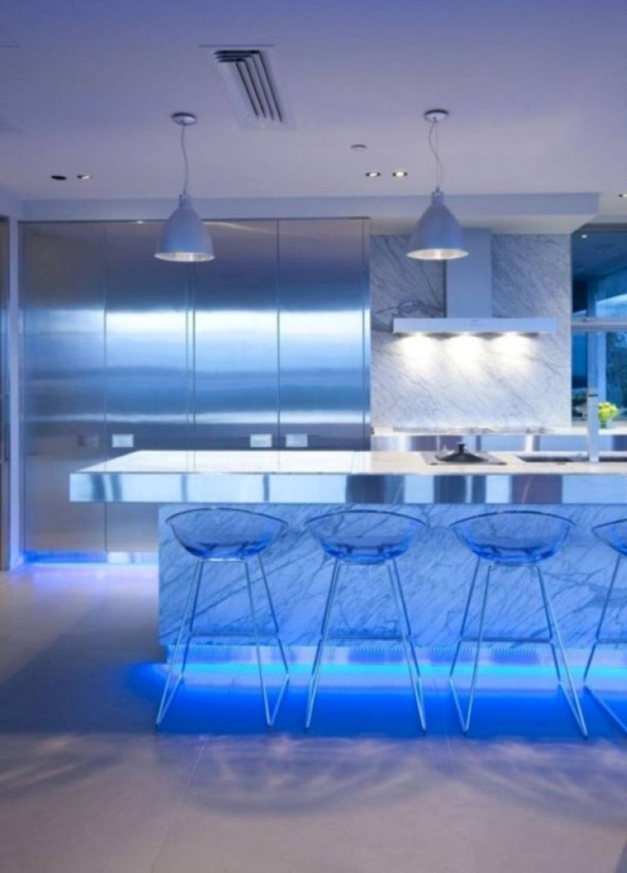 Ultra Modern Kitchen Breakfast Bar With Blue Led Light Idea Also Stylish Glass Stools Design Plus Marble Backsplash (Photo 3063 of 7825)