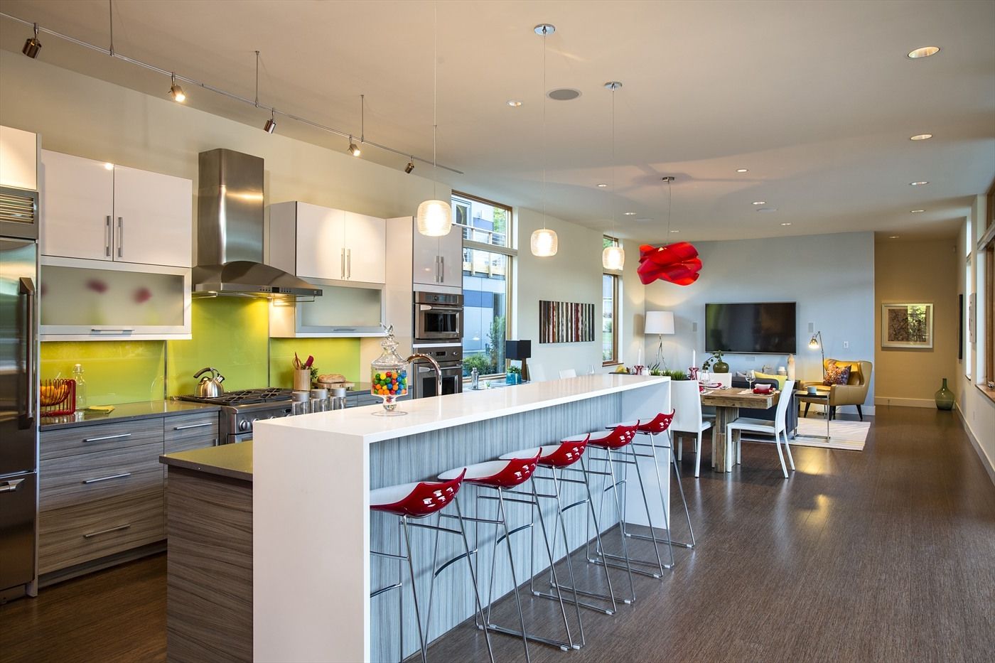 Ultra Modern Metal Barstools Design Plus Colorful Backsplash Idea And Long Narrow Kitchen Island (Photo 3065 of 7825)