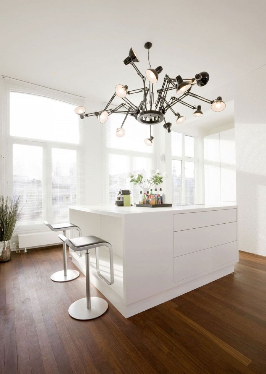 Unique Black Chandelier Above White Kitchen Island Paired With Decorative Bar Stools On Laminate Floor Idea (Photo 3074 of 7825)