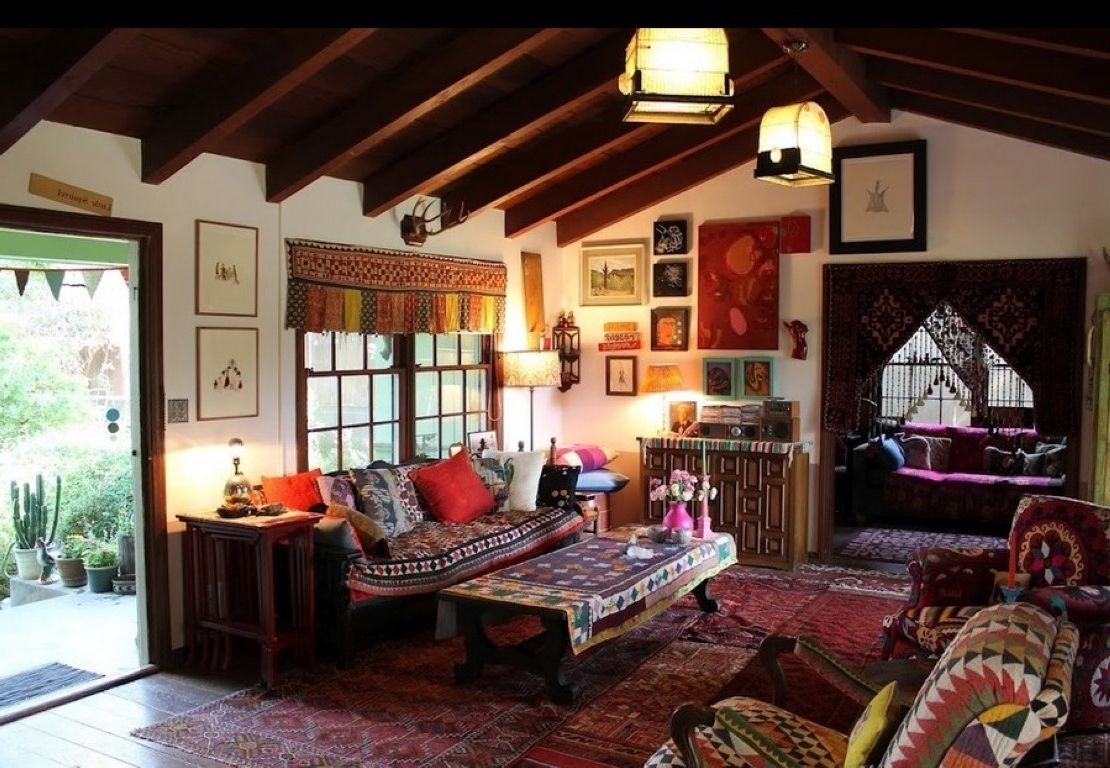 Unique Ceiling Fixtures And Colorful Sofa Cover Idea Feat Traditional Bohemian Interior Design With Red Area Rug (Photo 3076 of 7825)