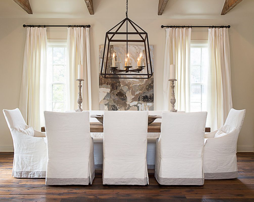 Unique Dining Chandelier With Cream Wall Paint Color Background Plus White Slipcover Chairs Also French Hung Windows (Photo 3080 of 7825)