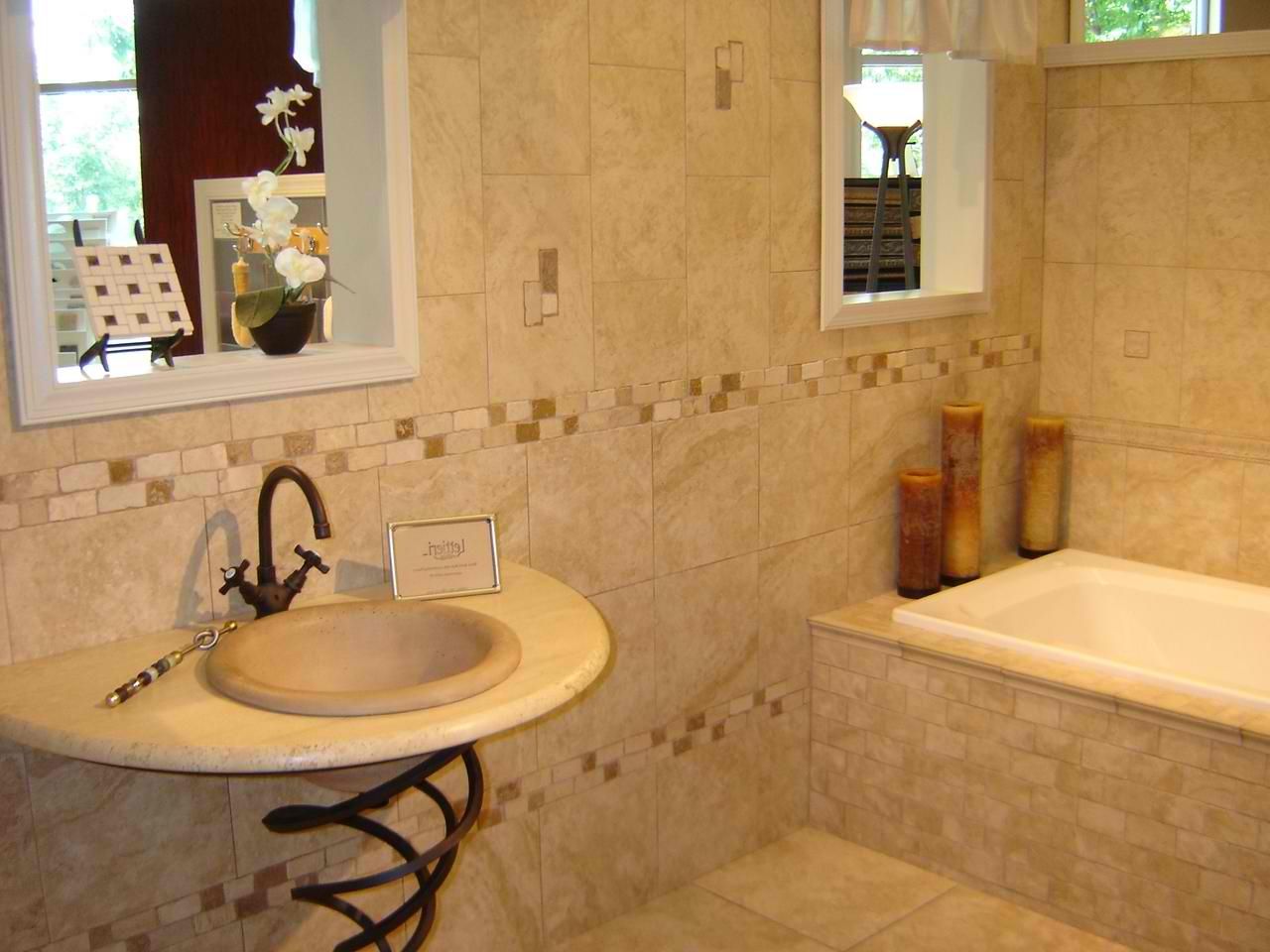 Unique Freestanding Washstand Next To Tub Paired With Decorative Brown Bathroom Tile Background Design (Photo 3087 of 7825)