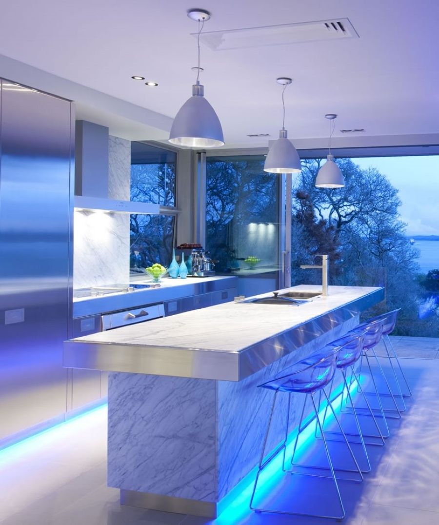 Unique Kitchen Lighting Idea And Stainless Steel Cabinets Design Feat Contemporary Glass Barstools (Photo 3091 of 7825)