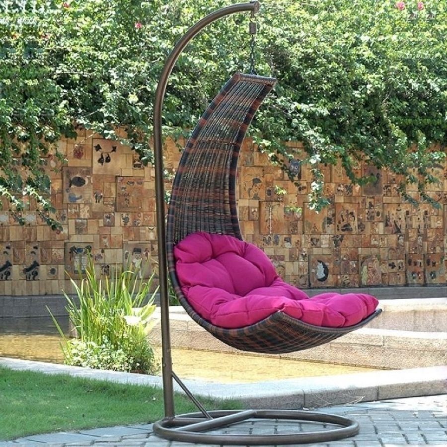 Unique Outdoor Black Hanging Chair Furniture With Purple Pad Plus Brown Fort Tile Also Decorative Garden View Background (Photo 3098 of 7825)
