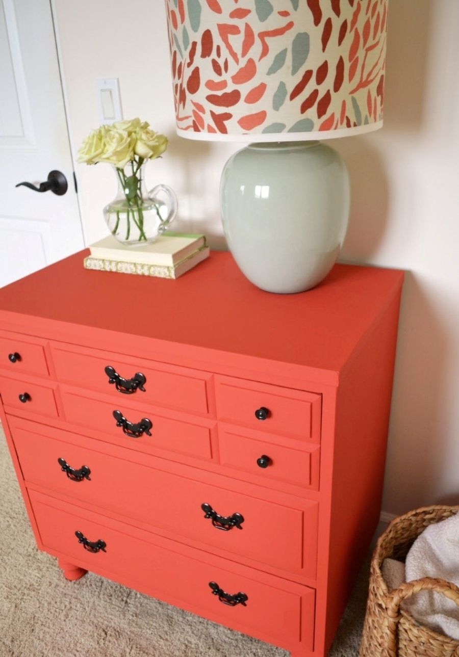 Unusual Chest Of Drawer With Coral Paint Color And Awesome Bespoke Table Lamp Also Glass Flower Vase Centerpiece (Photo 3124 of 7825)