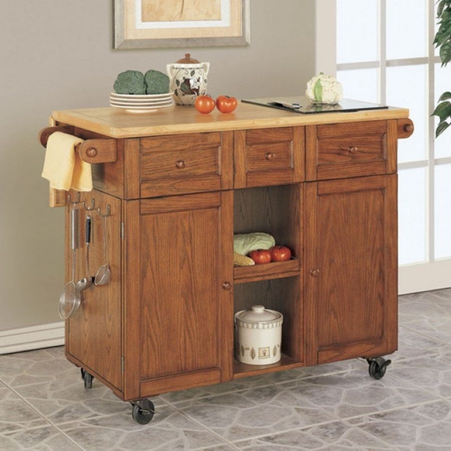 Vintage Modern Wooden Kitchen Cart With Salmon Granite Countertop Plus Pull Out Storages Also Decorative Brown Stoned Floor Tile Background (Photo 3148 of 7825)