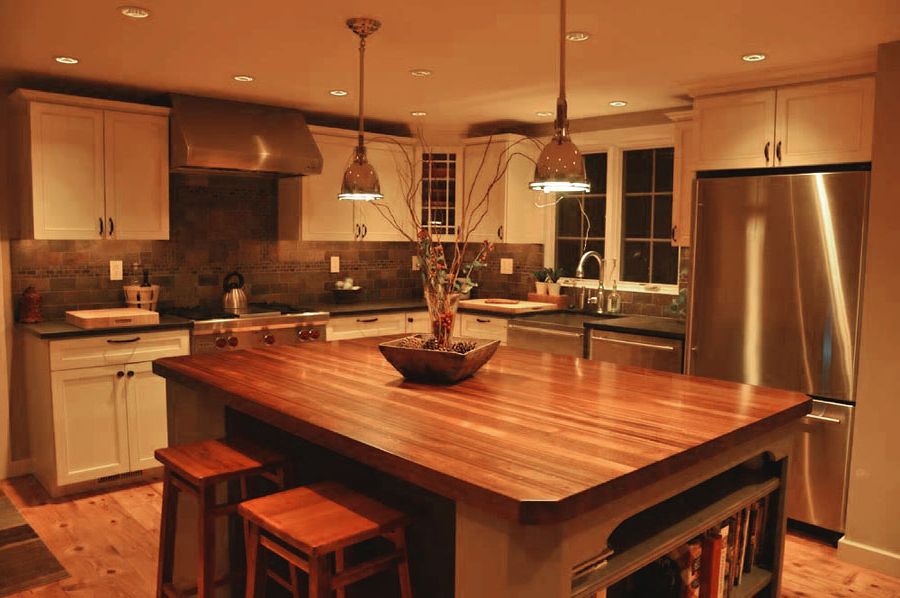 Vintage Wooden Bar Stools And Wood Kitchen Island Countertop Under Stainless Steel Pendant Lamps Plus White Kitchen Cabinets (Photo 3152 of 7825)