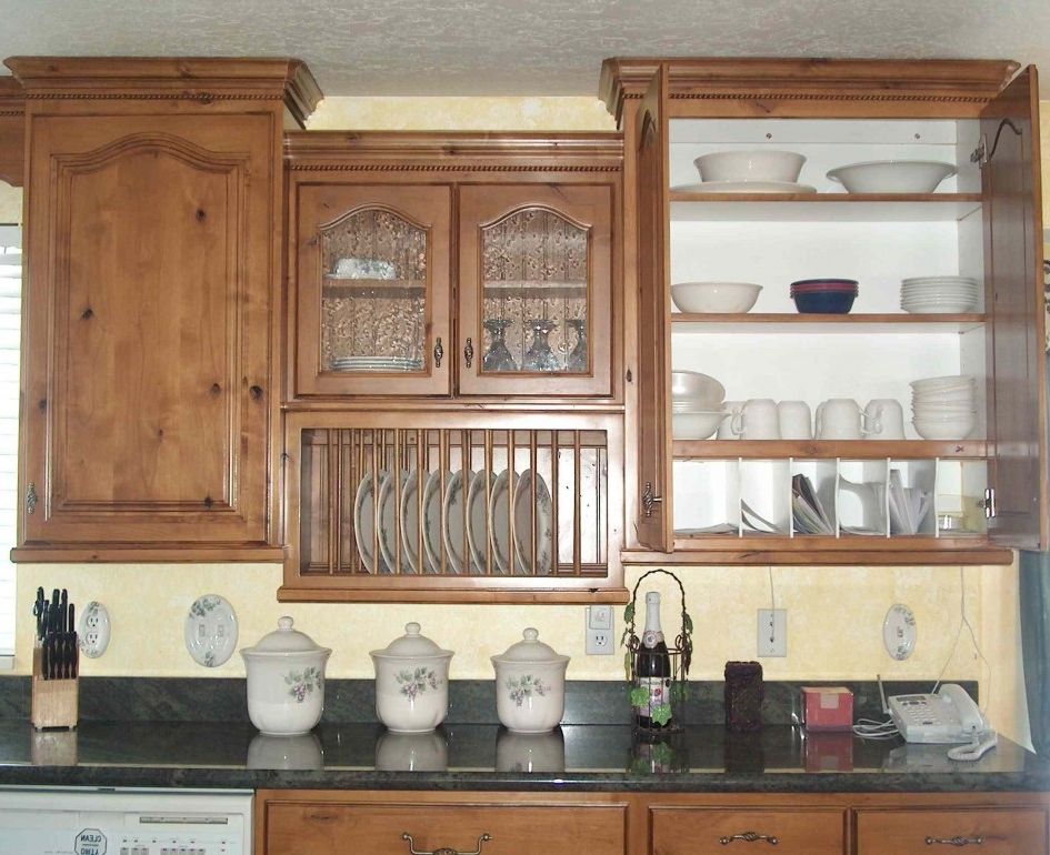 Vintage Wooden Kitchen Unit With Glass Kitchen Cabinet Plus Black Granite Countertop Also Cream Wall Paint Color Background (Photo 3159 of 7825)