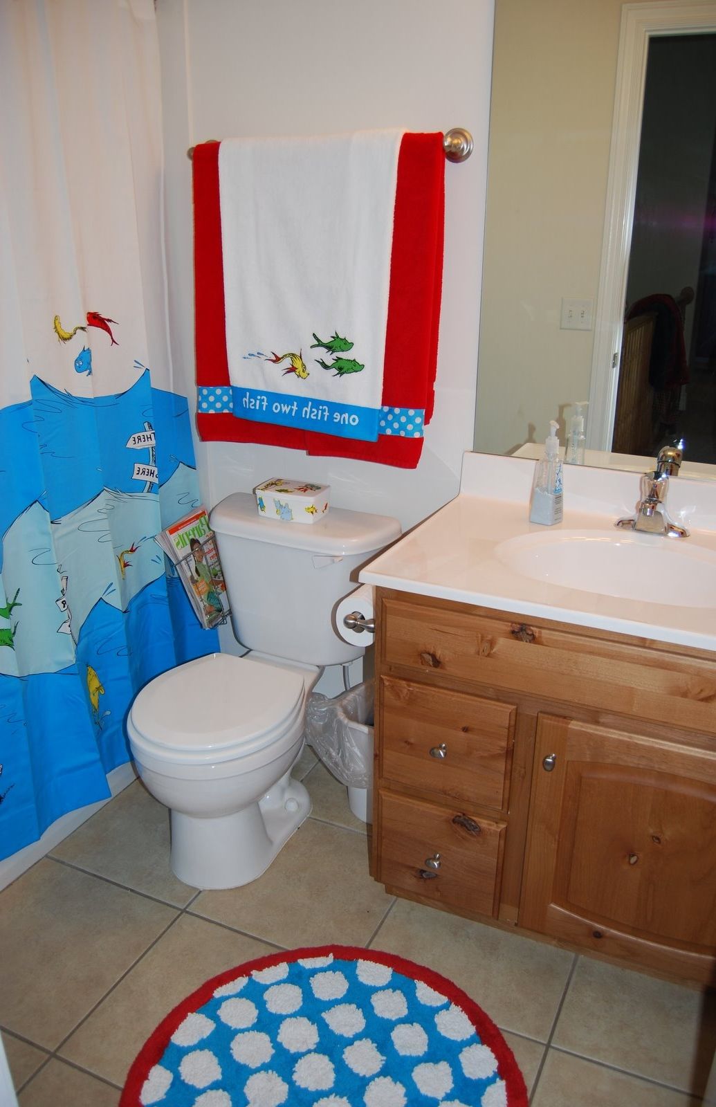 Vintage Wooden Vanity Storage Beside White Toilet Plus Brown Ceramic Floor Tile Also Nautical Blue Kids Bathroom Theme Decorating Idea (Photo 3166 of 7825)