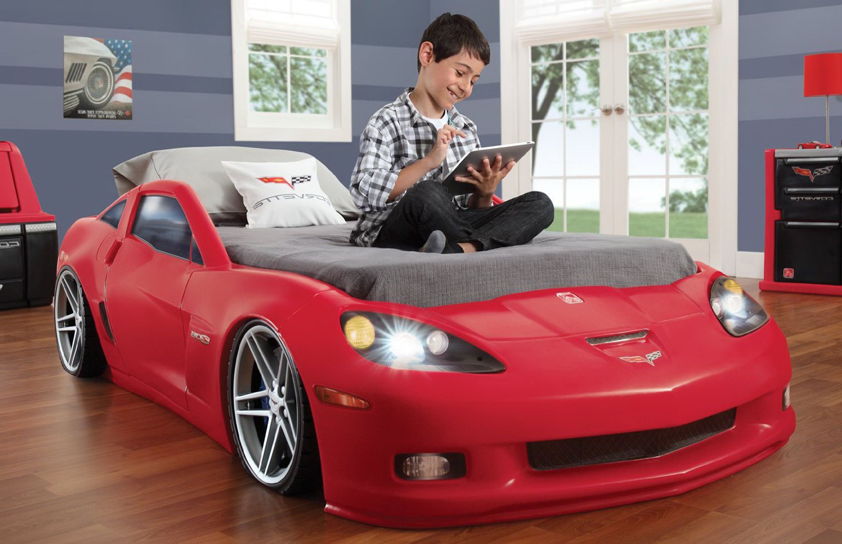 Kids Bedroom Fancy Boys Bedroom Decoration Idea With Red Car Themed Bed Frame With Gray Bed Sheet White Pillow And Brown Hardwood Floor Tile Impressive Boys Bedroom Decoration Ideas (View 4 of 28)
