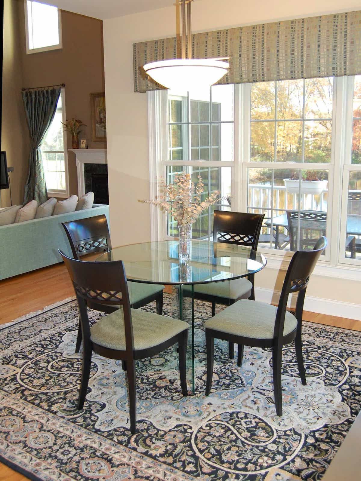 Dining Room With Traditional Rich Neutral Tones And Texture Area Wool Rug And Contemporary Furniture (View 10 of 15)