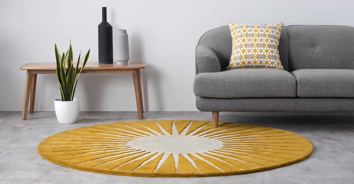 Mustard Yellow Rug Round Circular Wool Rug For Contemporary Sitting Room With Minimalist Furniture And Rug (View 6 of 15)