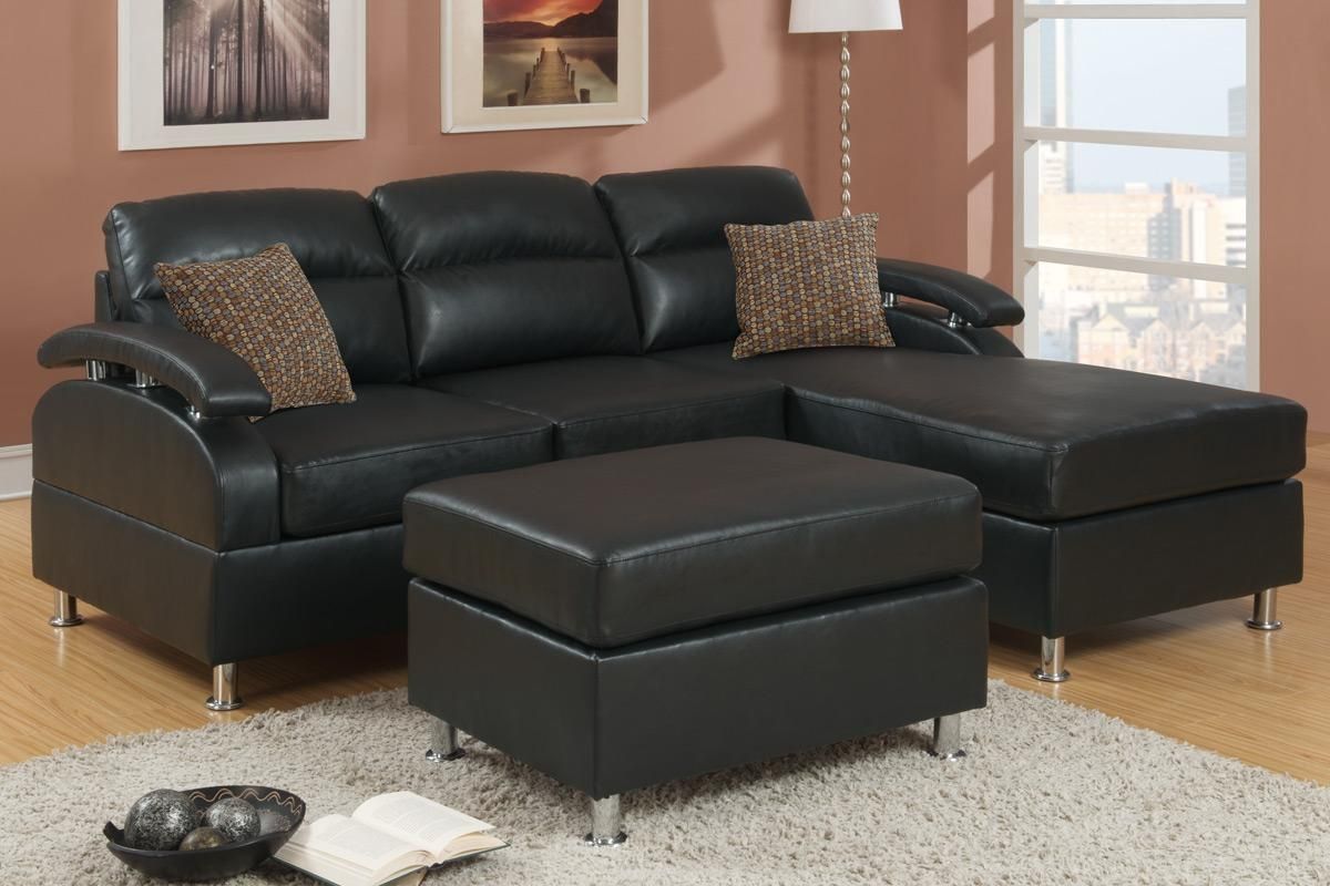 Black Bonded Leather Sectional Sofa With Ottoman – F7685 With Sofa Chair With Ottoman (View 19 of 20)