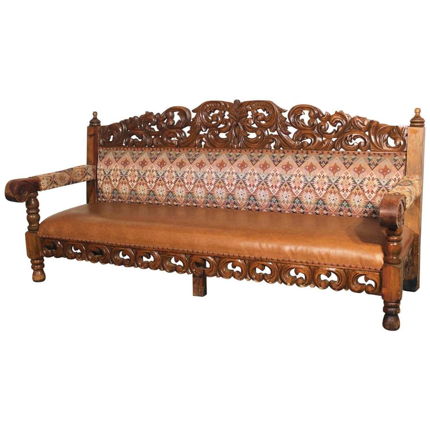 Hacienda Style Spanish Or Mexican Carved Pine And Upholstered With Regard To Bench Style Sofas (View 16 of 20)
