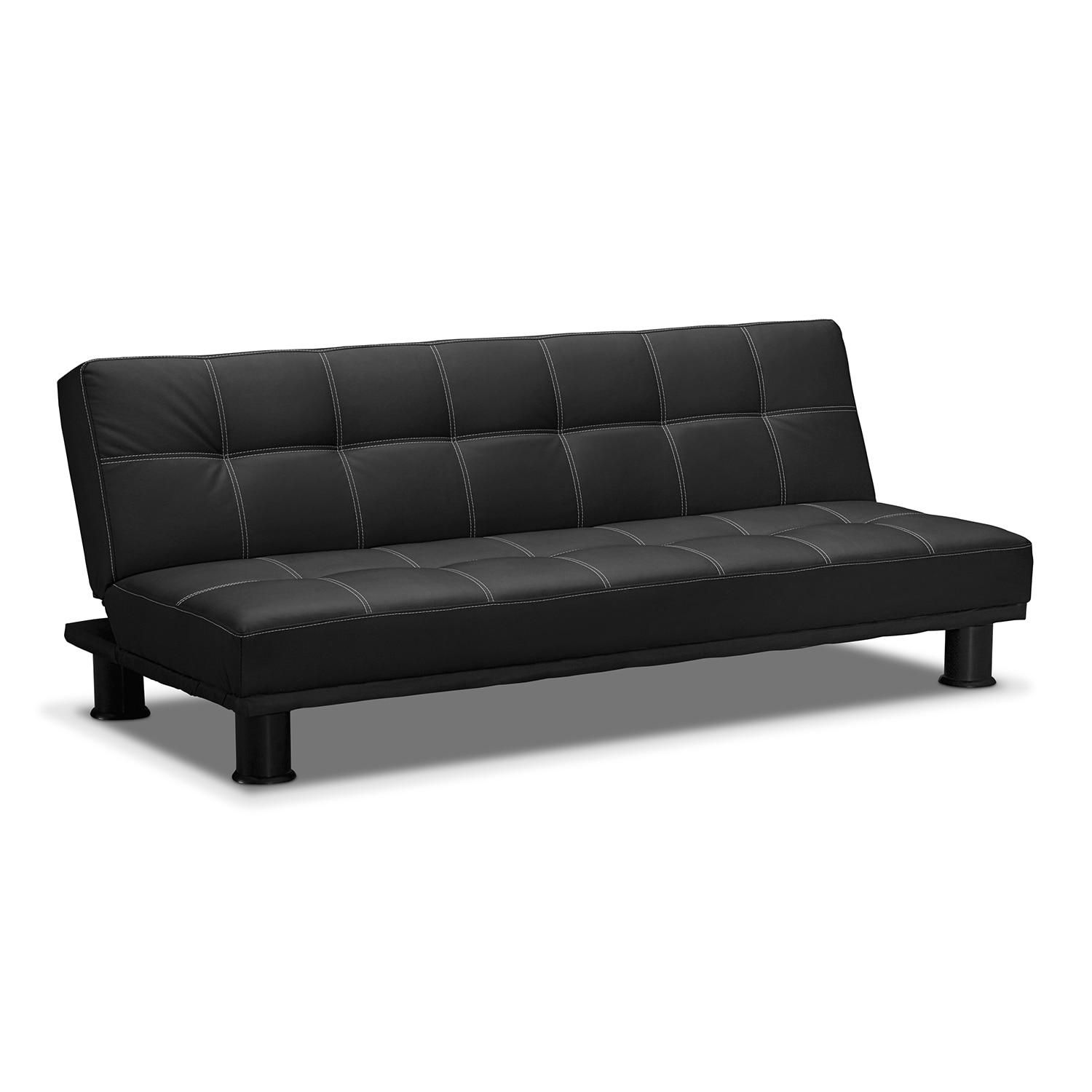 Phyllo Futon Sofa Bed – Black | Value City Furniture In Leather Fouton Sofas (View 1 of 20)
