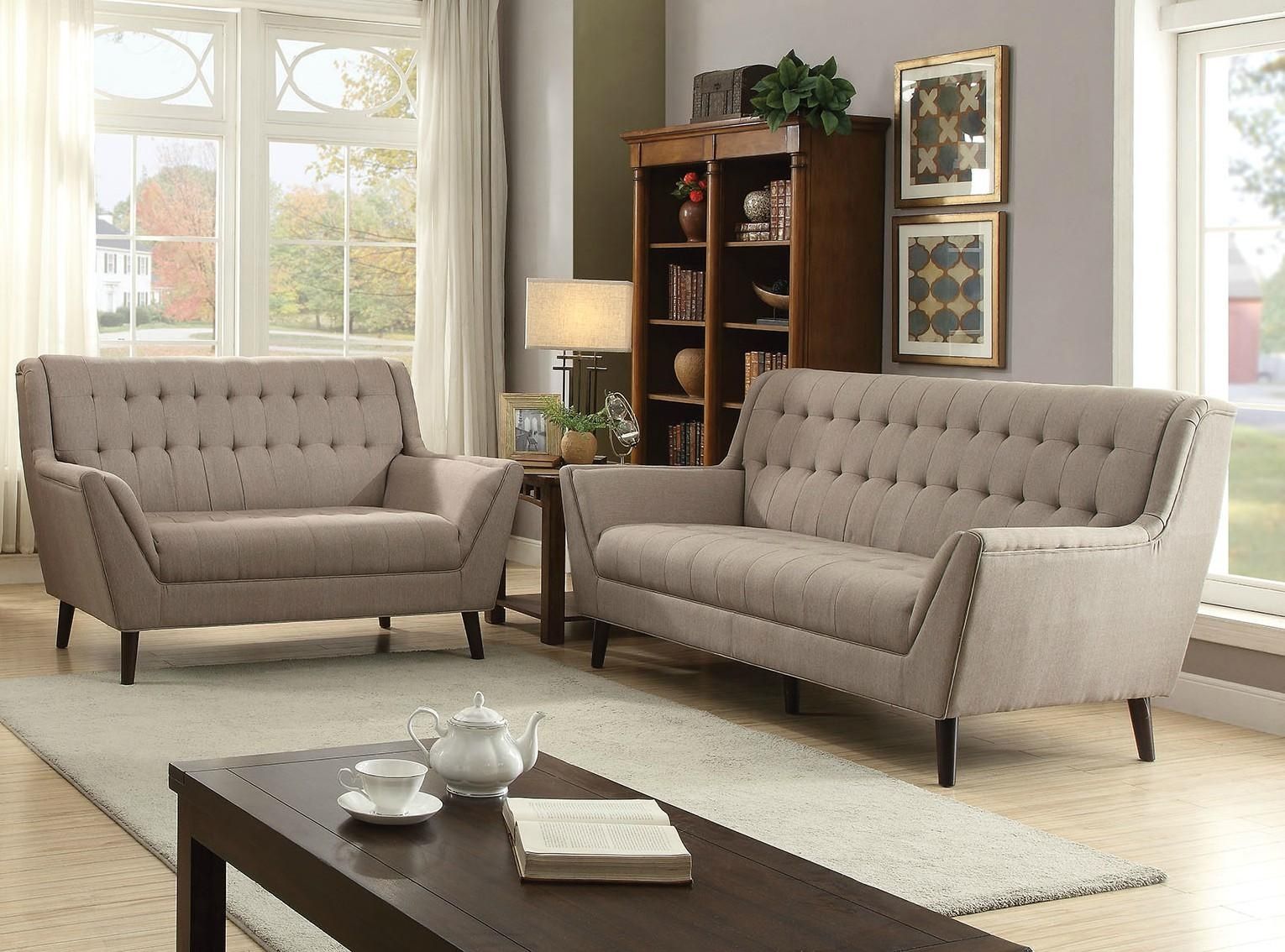 Watonga Contemporary Light Brown Linen Fabric 2Pc Buttonless With Tufted Linen Sofas (View 17 of 20)