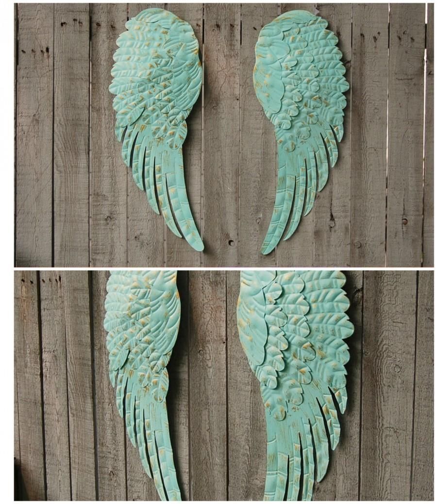 Angel Wings, Wall Decor, Shabby Chic, Aqua, Gold, Hand Painted Intended For Angel Wings Wall Art (View 14 of 20)
