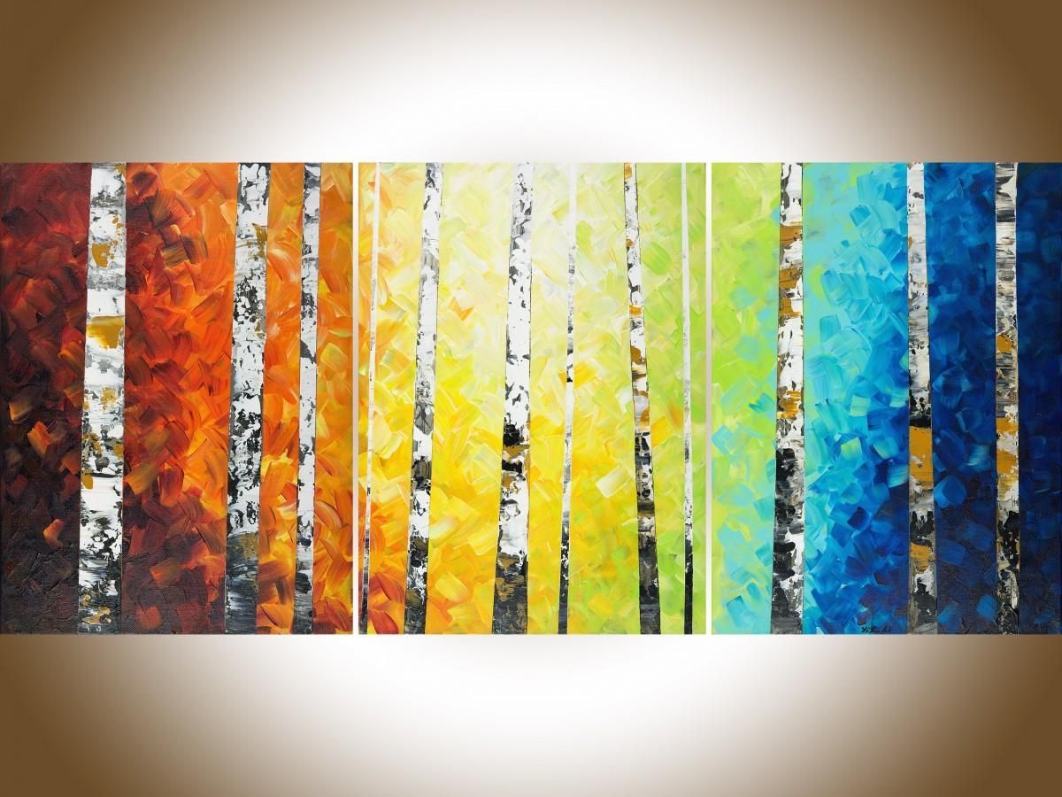 Autumn Birch Trees Iiqiqigallery 54" X 24" Original Oil Within Yellow And Green Wall Art (View 1 of 20)