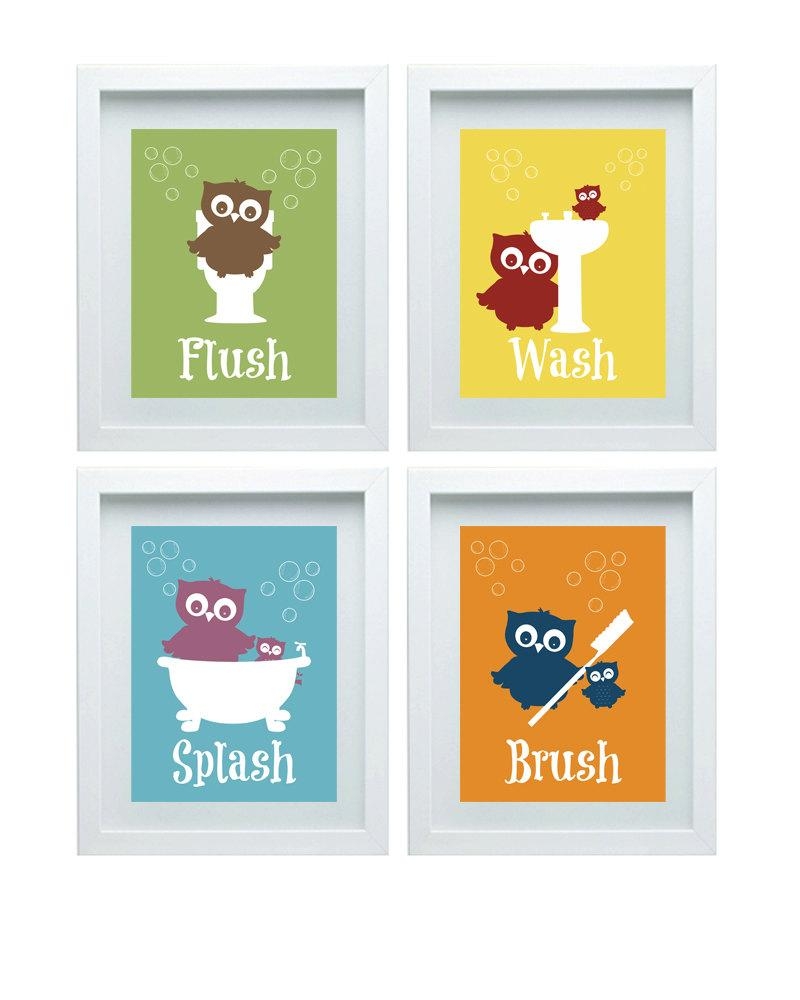 Bathroom Rules Art Kids Bathroom Decor Owl Wall Decor Set Of With Kids Bathroom Wall Art (Photo 1 of 20)