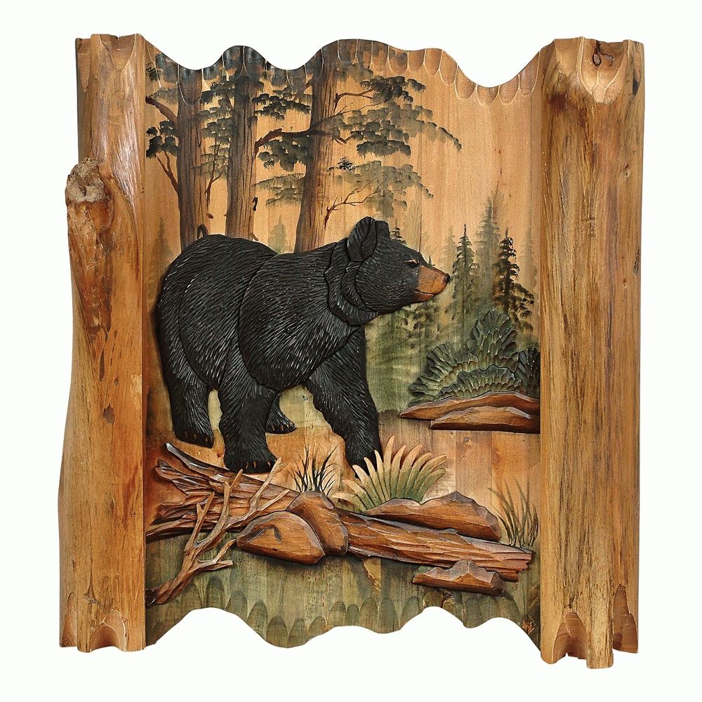 Black Bear Forest Carved Wood Wall Art Intended For Mountain Scene Metal Wall Art (View 17 of 20)
