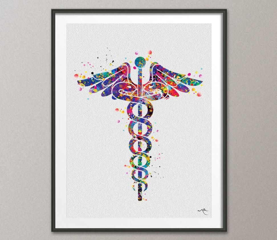 Caduceus Medical Symbol Watercolor Art Print Wall Art Nurse Throughout Medical Wall Art (View 16 of 20)